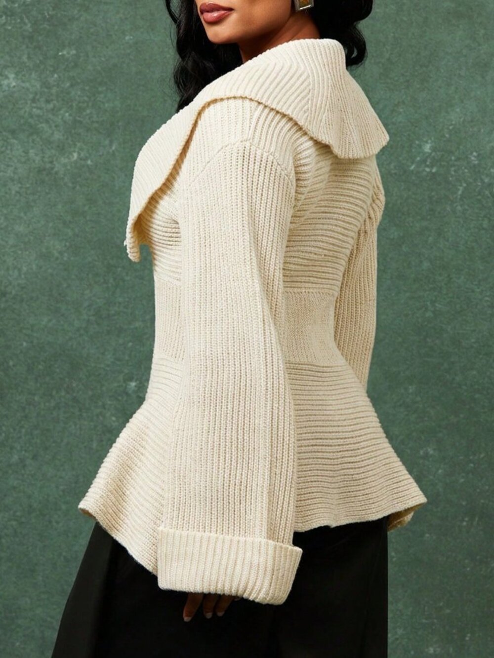 Apricot Casual Women's Wide Shawl Collar Peplum Hem Long Sleeve Cardigan - Picture 2 of 5